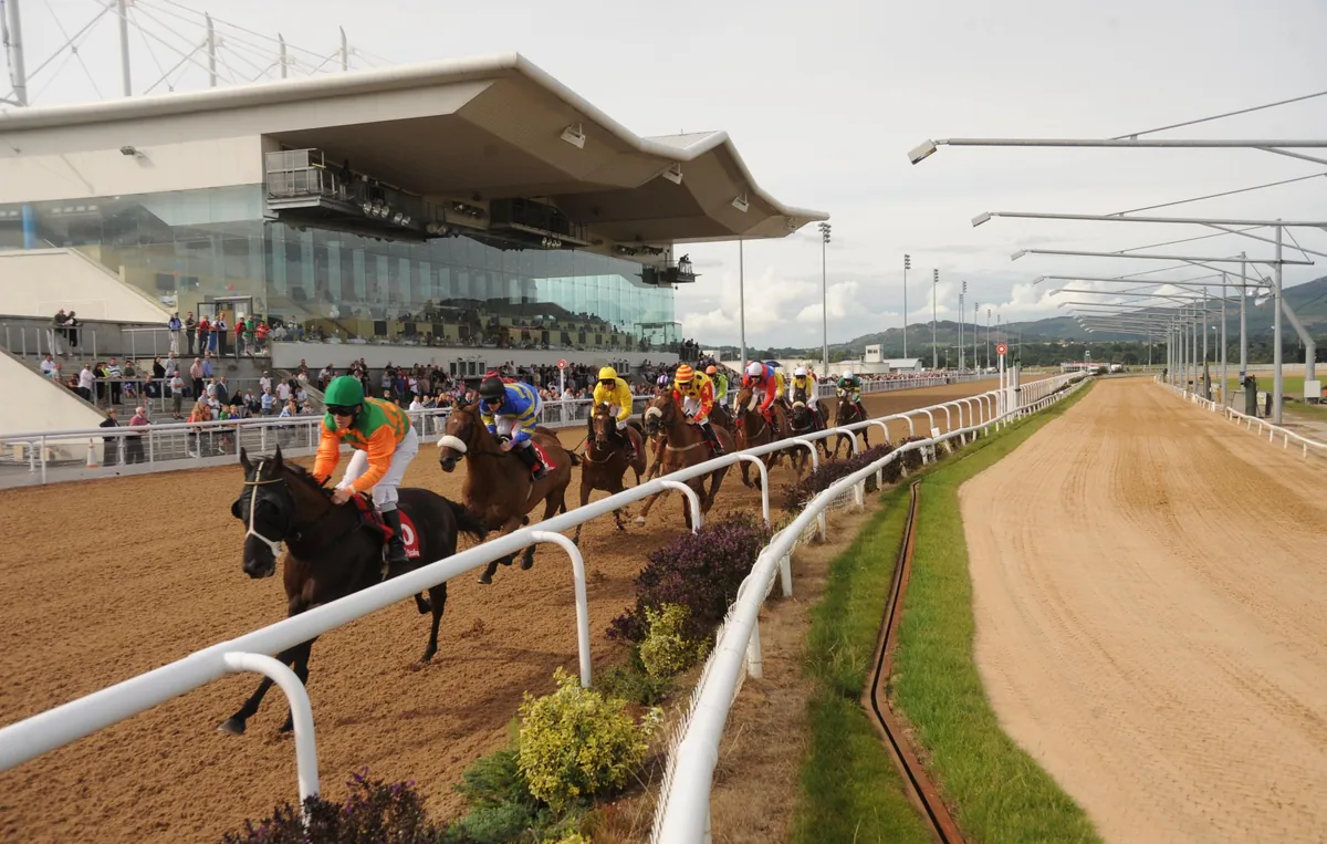 Runners on the rail with the grandstand behind