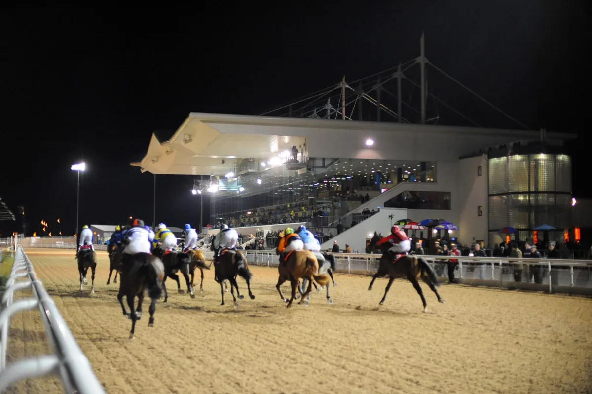 A night field racing towards the floodlit grandstand